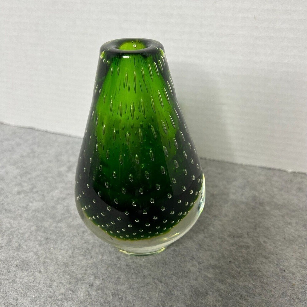 Vintage Randsfjord Handblown Green Glass Vase Controlled Bubbles 3.5x5.5"